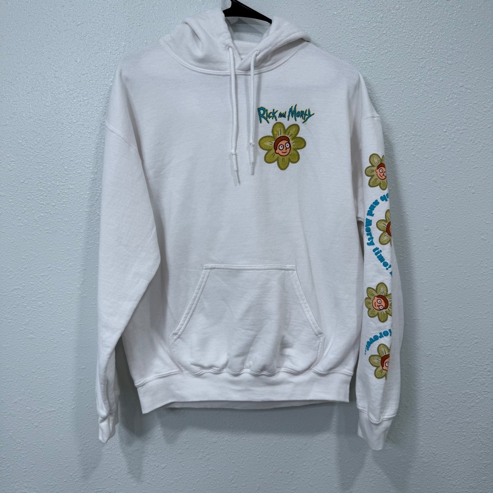 Rick and Morty Hoodie Adult Swim White Flower Print‎ Pullover Size M